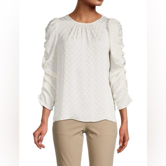 Max Studio Blouse Sz L Jacquard Shine Polka Dot Top Career Office Ruched Sleeves - Picture 1 of 5